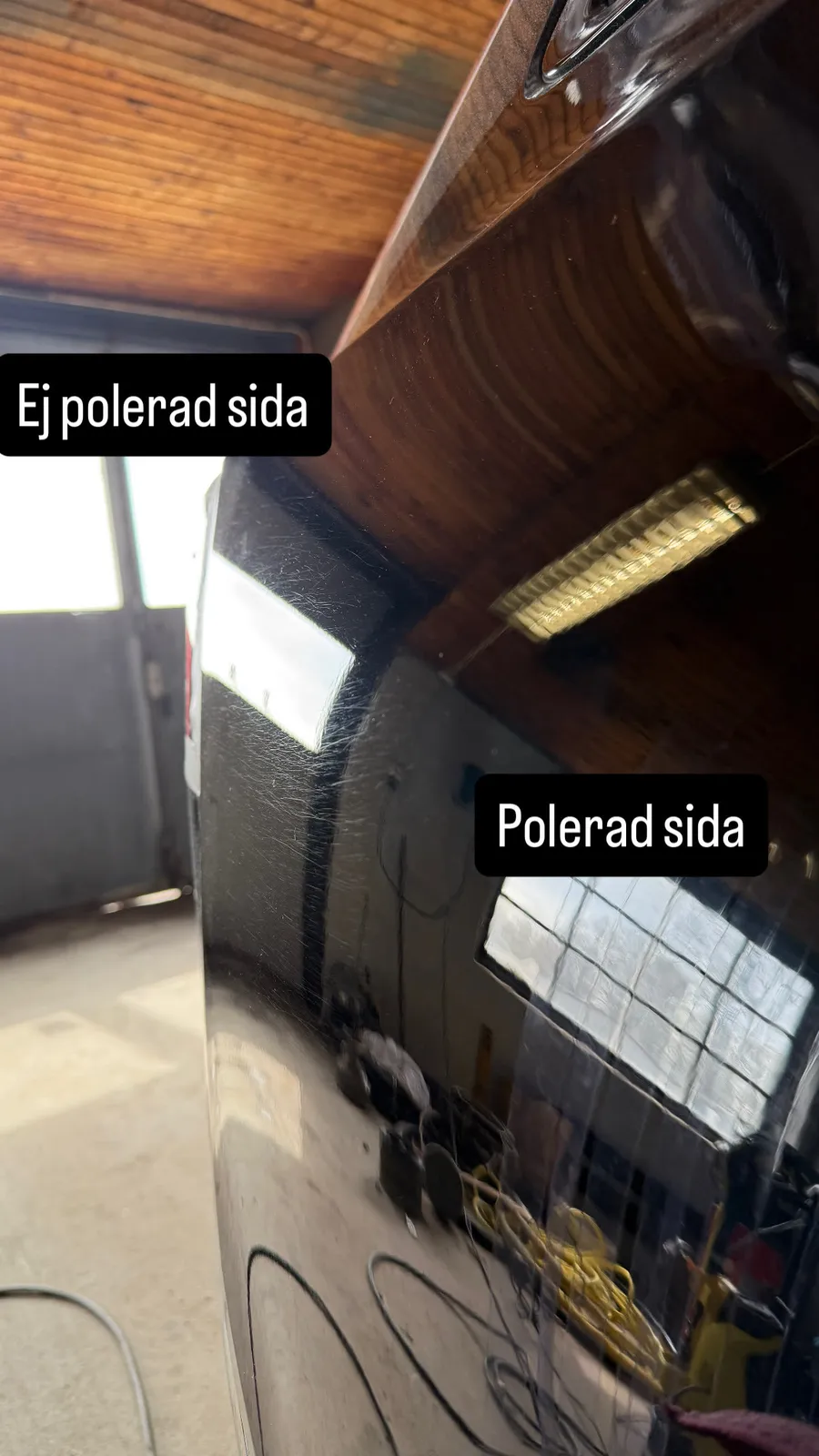 Polerad och opolerad sida sida vid sida på svart lack
